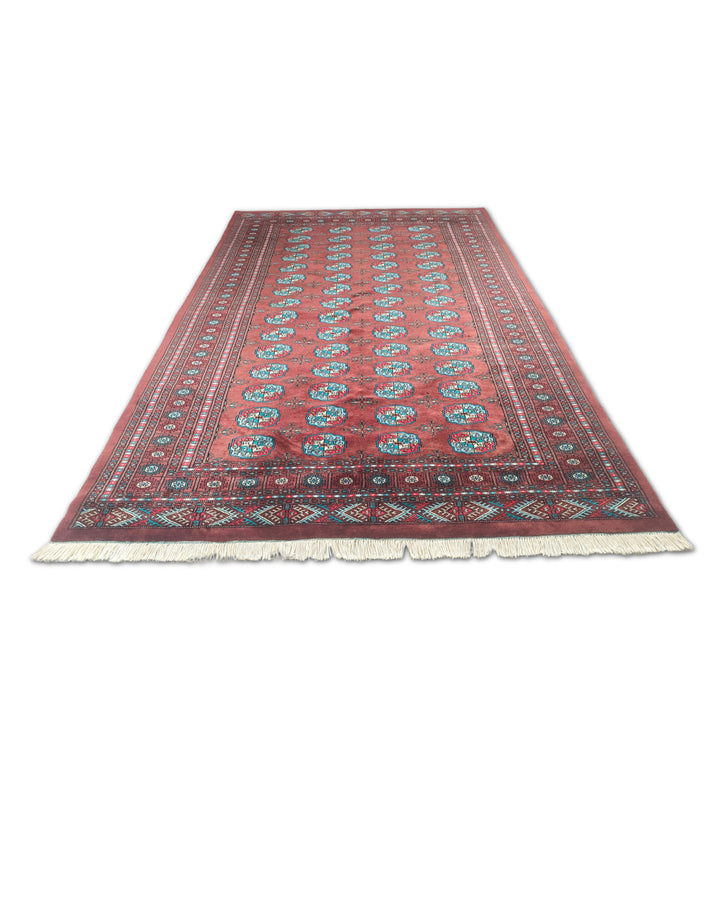 Oxblood and Blue Turkmen Gül Bokhara, Hand-Knotted Wool Rug