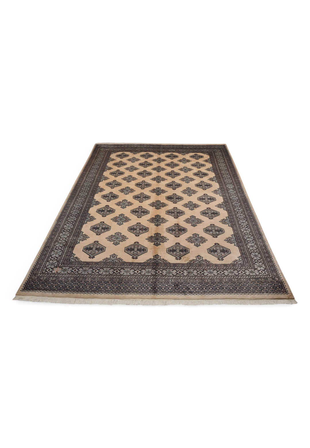 Cream and Espresso Turkmen Gül Bokhara, Hand-Knotted Wool Rug