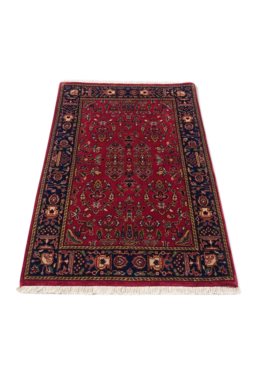 Madder Red and Indigo Sarouk Garden Floral, Hand-Knotted Wool Rug