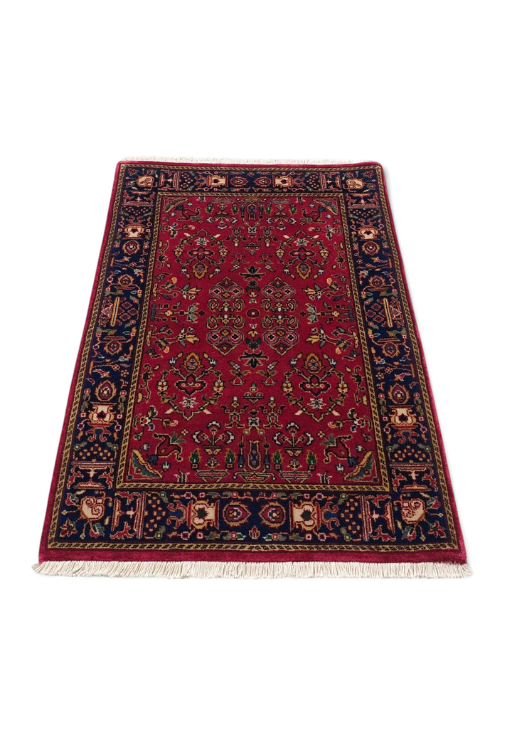 Madder Red and Indigo Sarouk Garden Floral, Hand-Knotted Wool Rug