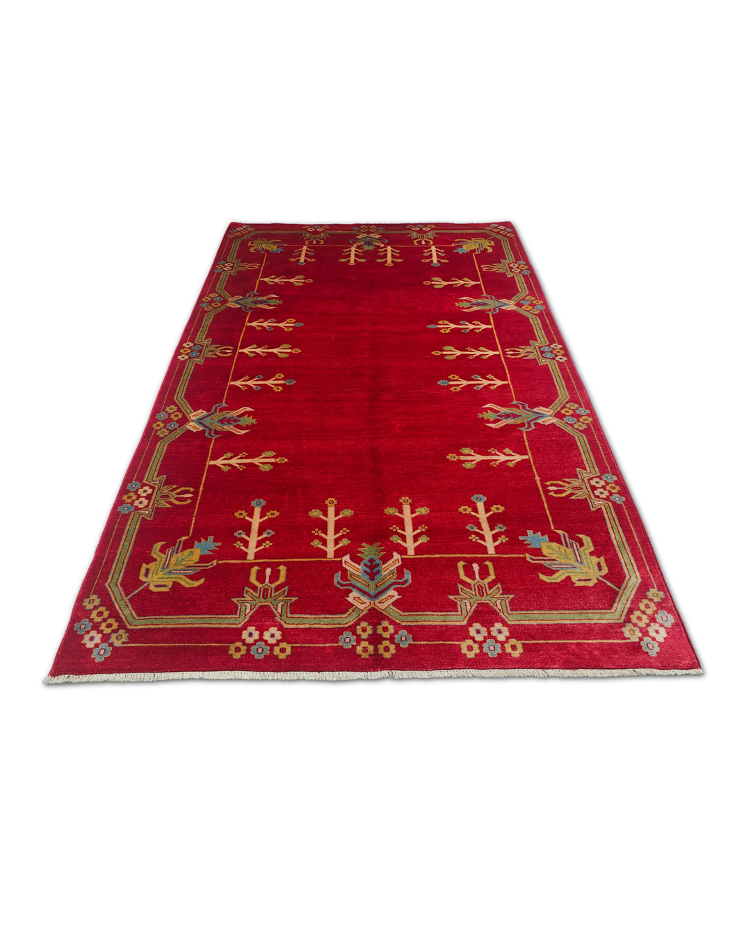 Deep Red and Cream Flowering Tree, Hand-Knotted Wool Rug