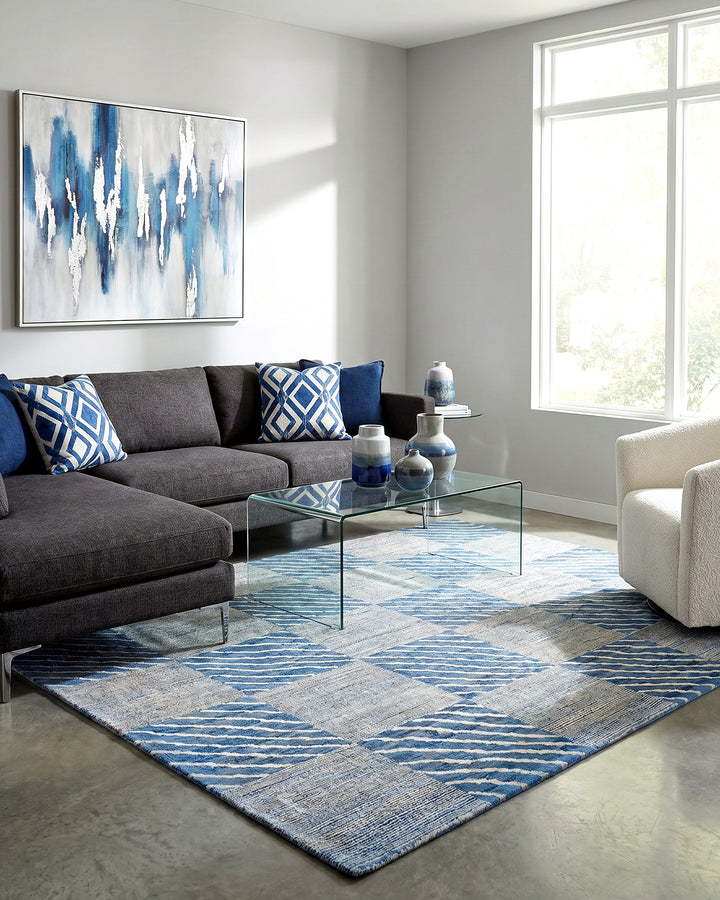 Coastal Check Gabbeh, Hand-Knotted Afghan Wool Rug