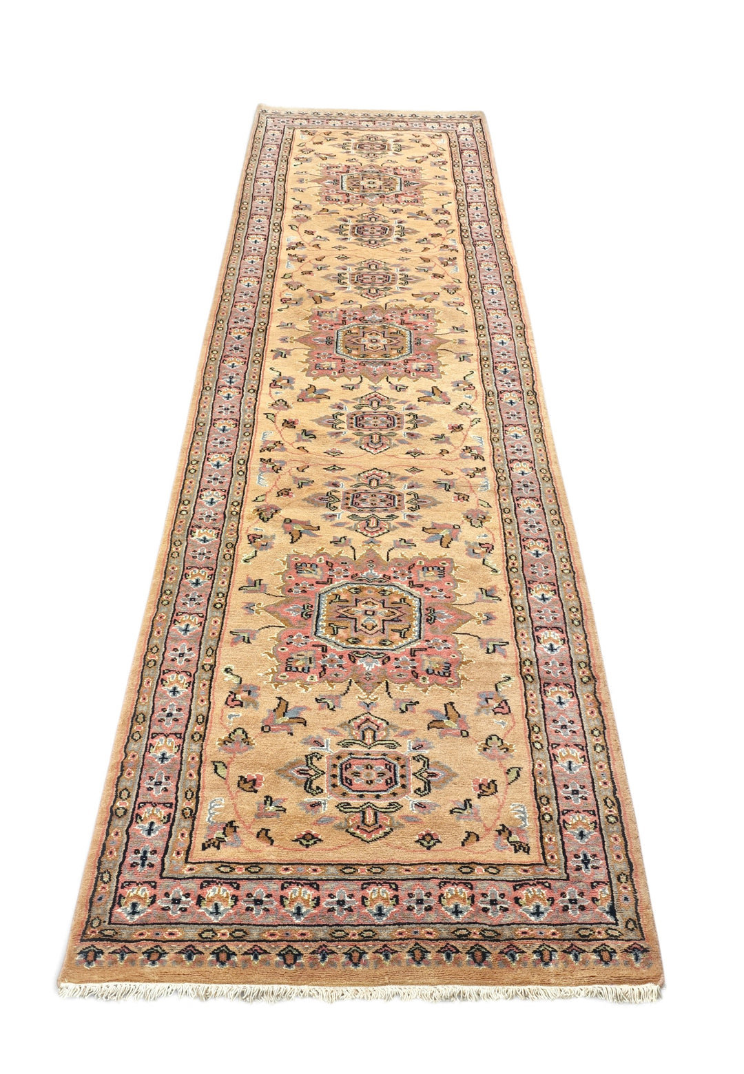 Golden and Rose Jaldar Medallion, Hand-Knotted Wool and Silk Rug