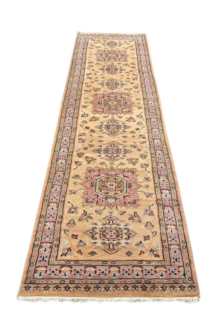 Golden and Rose Jaldar Medallion, Hand-Knotted Wool and Silk Rug