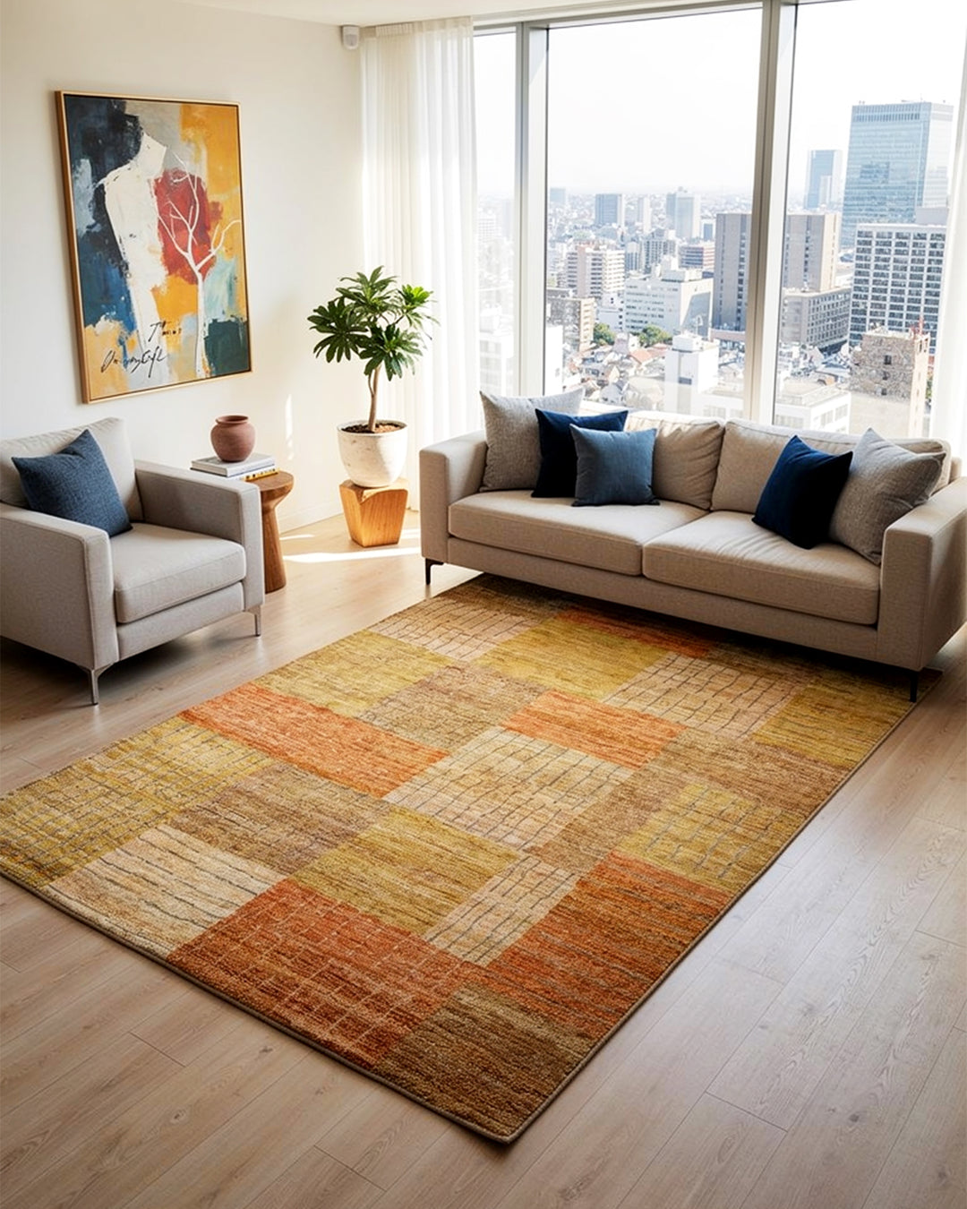 Sandstone Patchwork Gabbeh, Hand-Knotted Afghan Wool Rug
