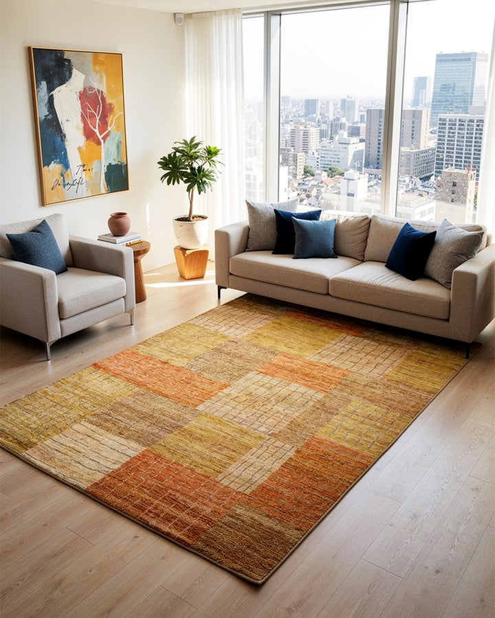 Sandstone Patchwork Gabbeh, Hand-Knotted Afghan Wool Rug