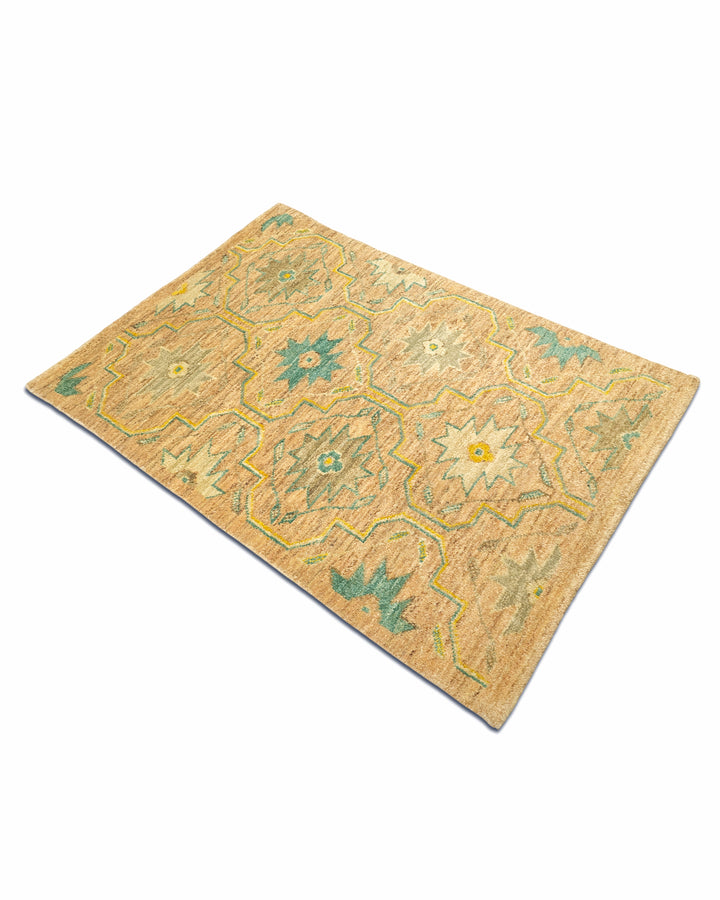 Gold &amp; Green Floral Gabbeh, Hand-Knotted Afghan Wool Rug