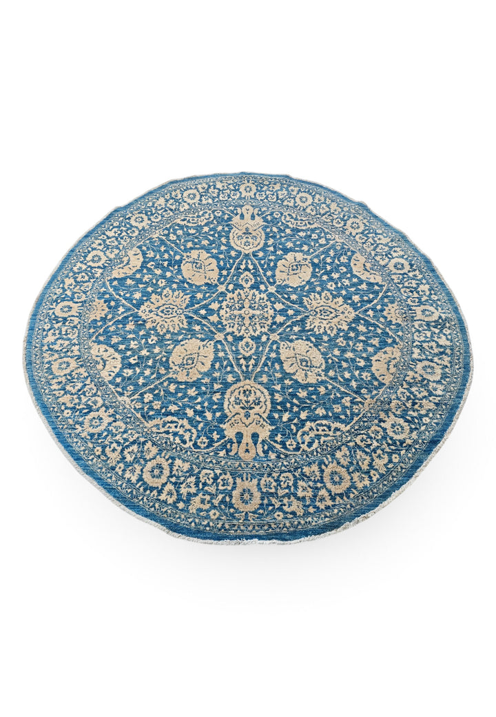 Slate Blue and Cream Radial Floral Round, Hand-Knotted Wool and Silk Rug