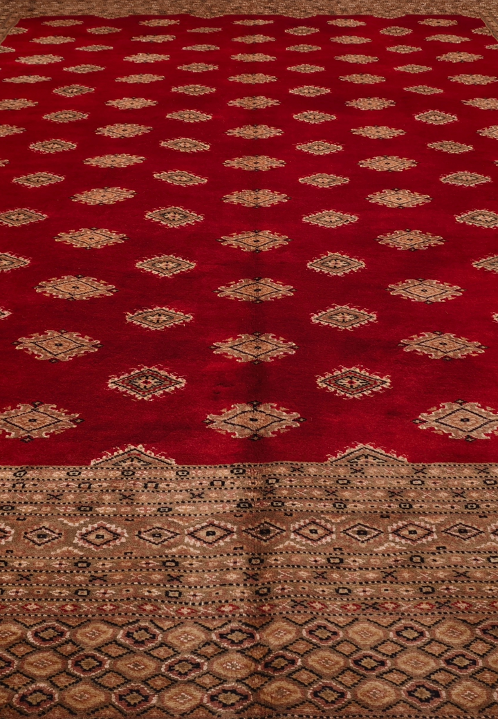 Ruby Red &amp; Cream Diamond Jaldar Rug, Hand-Knotted Pakistani Wool &amp; Silk