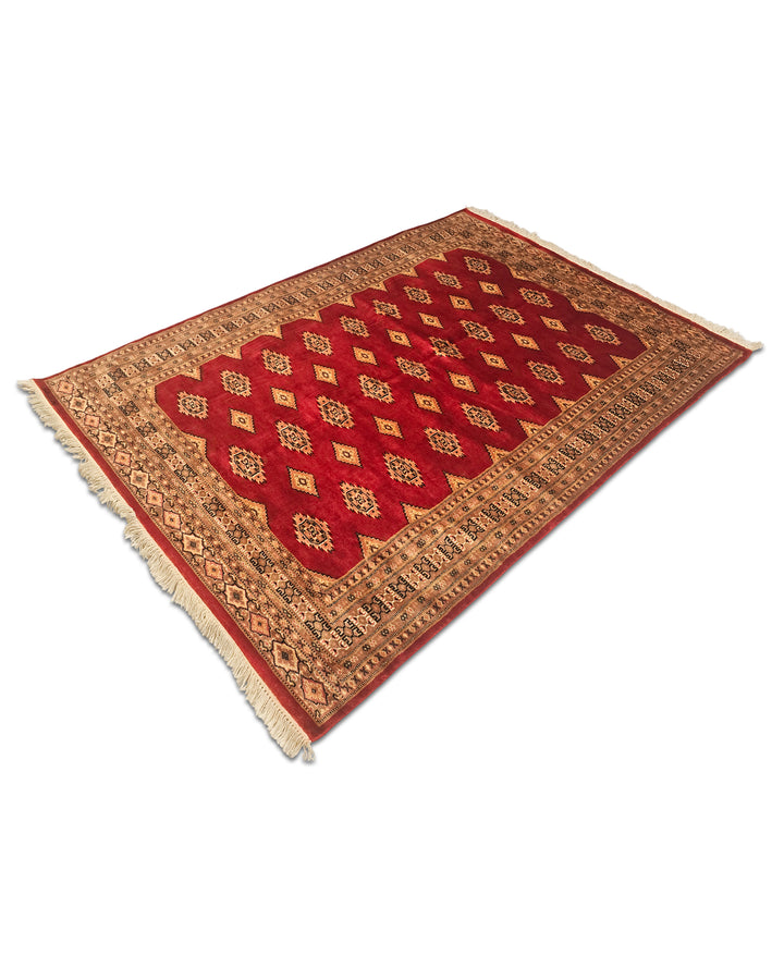 Red &amp; Gold Diamond Gül Jaldar Rug, Hand-Knotted Pakistani Wool &amp; Silk