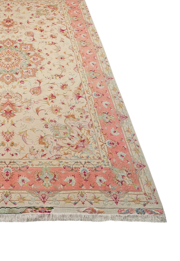 Cream and Coral Medallion Tabriz, Hand-Knotted Wool Rug