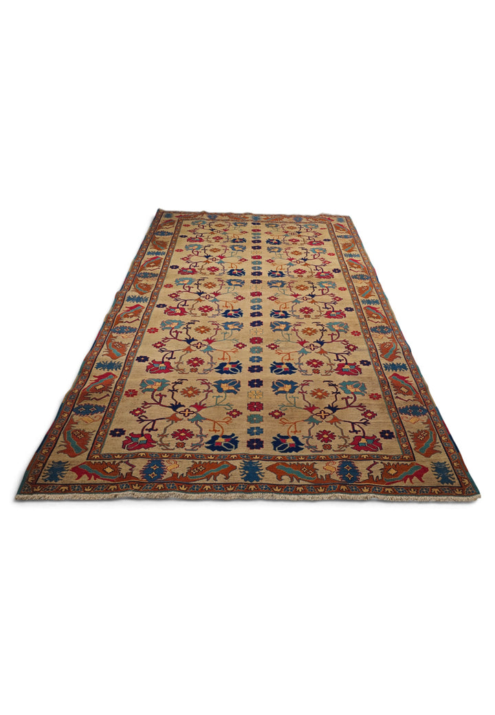 Camel Gold and Rust Palmette Kilim, Hand-Woven Wool