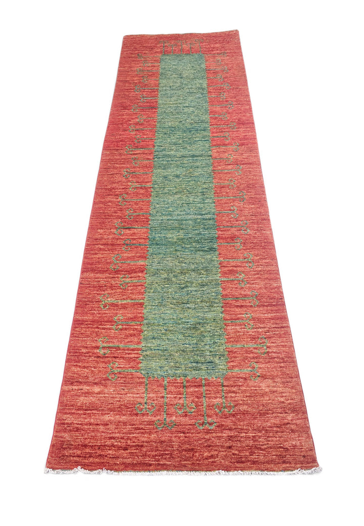Terracotta Red and Green Panel Gabbeh, Hand-Knotted Wool Rug