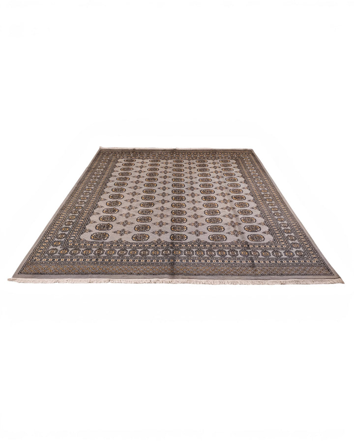 Warm Grey Turkmen Gül Bokhara Square Rug, Hand-Knotted Pakistani Wool