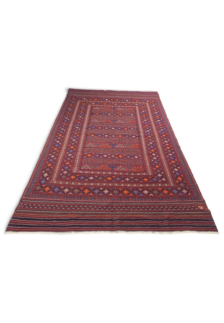 Rose Red and Orange Banded Kilim, Hand-Woven Wool