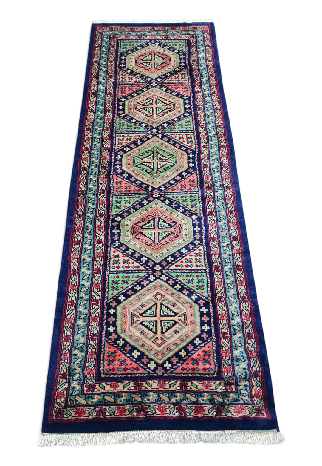 Navy and Rose Hexagonal Medallion Kazak, Hand-Knotted Wool Rug