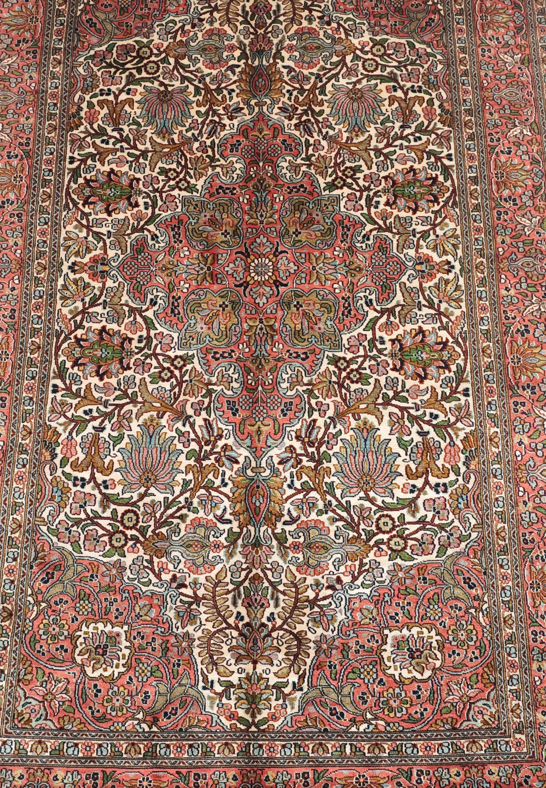 Ivory and Rose Lotus Palmette Medallion, Hand-Knotted Silk Rug
