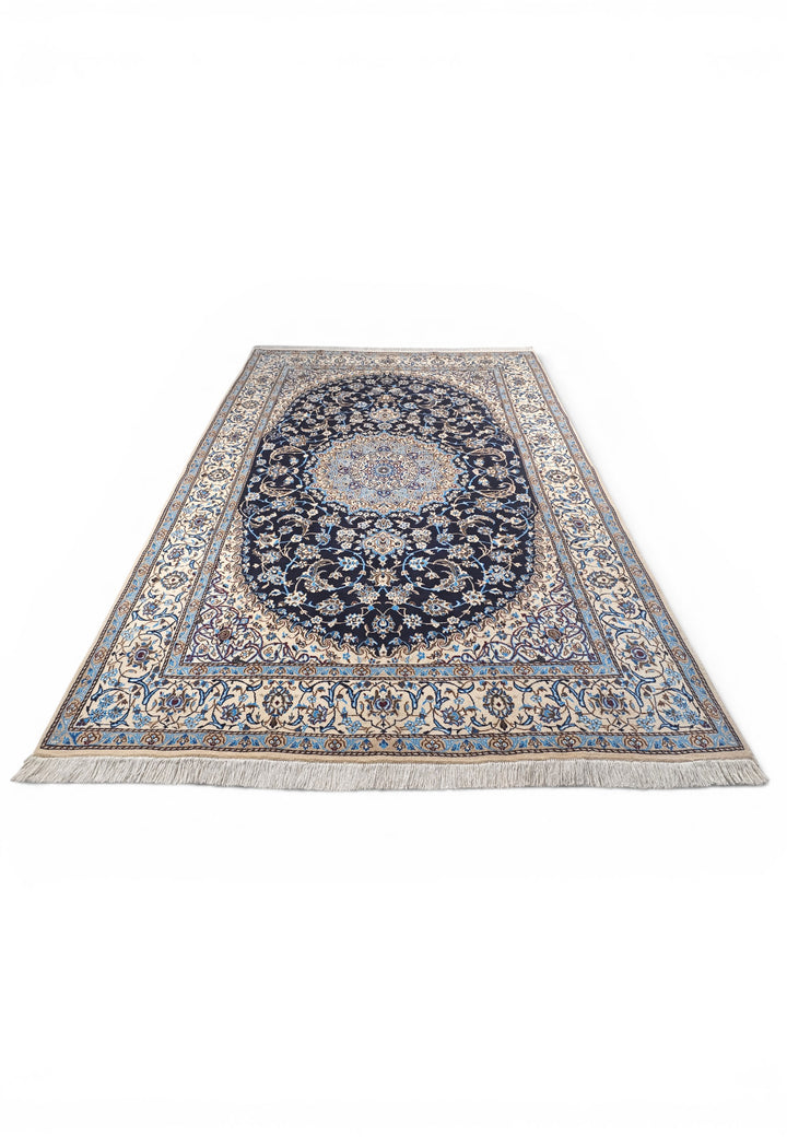 Navy &amp; Ivory Medallion Persian Nain, Hand-Knotted Wool Rug