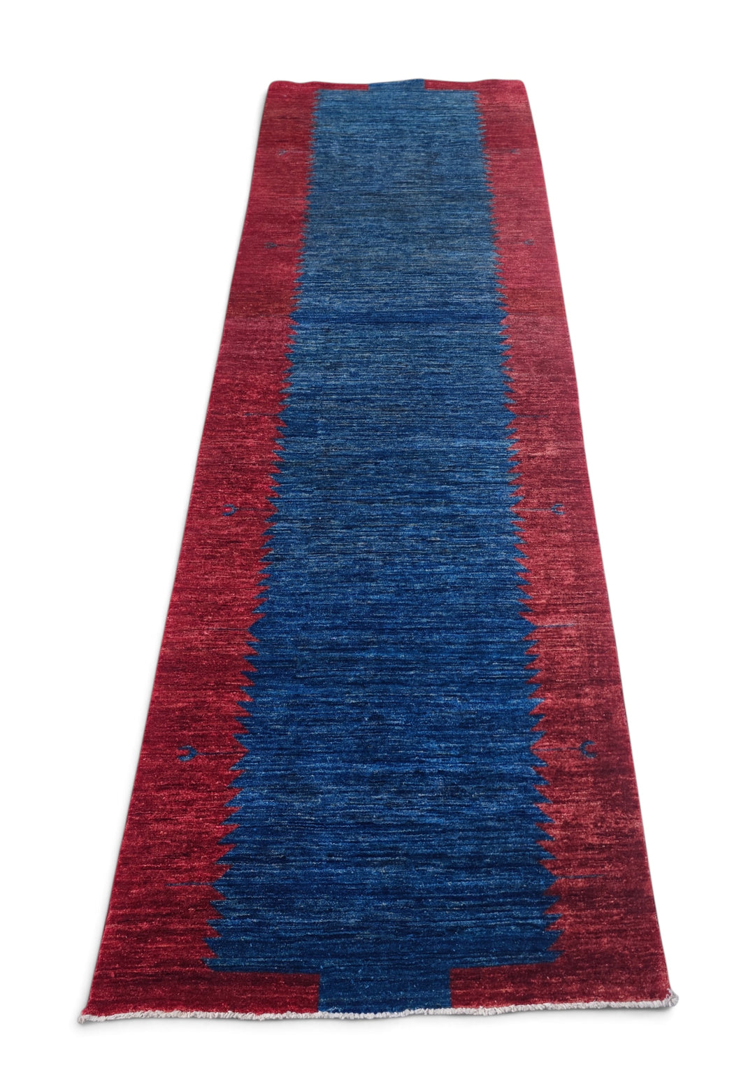 Wine Red and Royal Blue Sawtooth Gabbeh, Hand-Knotted Wool Rug