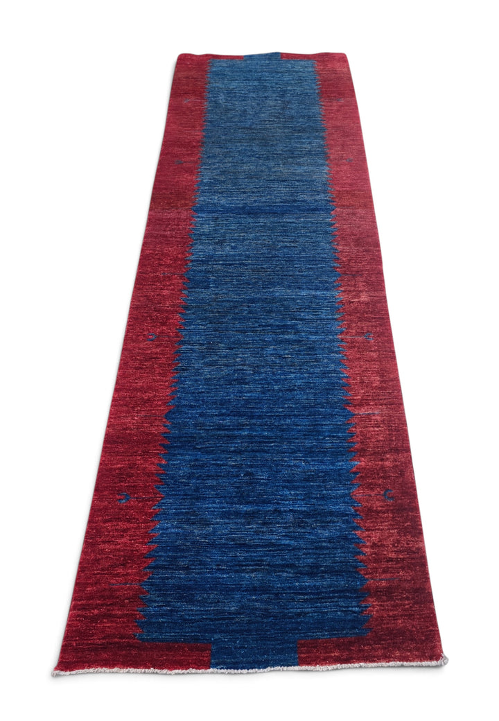 Wine Red and Royal Blue Sawtooth Gabbeh, Hand-Knotted Wool Rug