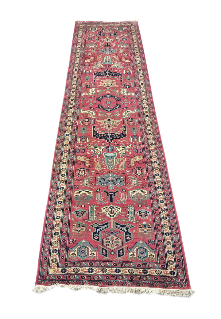 Rose and Teal Serrated Leaf Medallion, Hand-Knotted Wool Rug