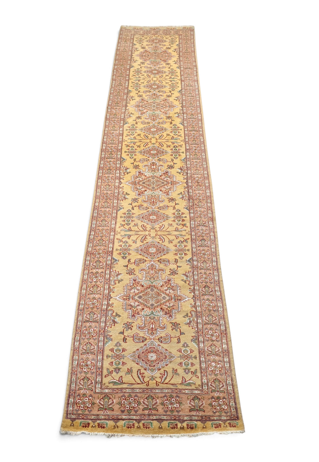 Wheat Gold and Rose Jaldar Alternating Medallion, Hand-Knotted Wool and Silk Rug