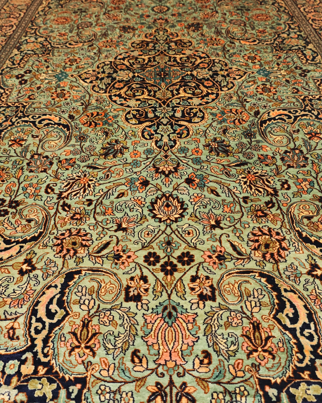 Brown Kashmiri Silk Rug, Hand-Knotted