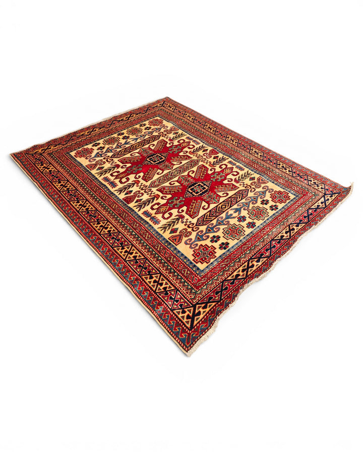 Gold &amp; Red Tribal Star Rug, Hand-Knotted Afghani Sherwan