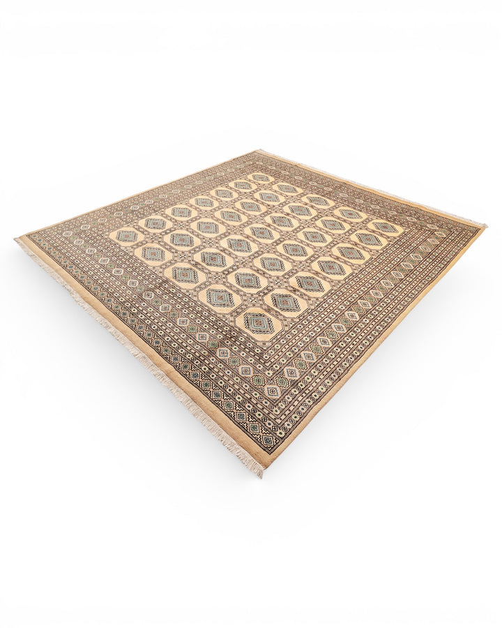Camel Turkmen Gül Bokhara Square Rug, Hand-Knotted Pakistani Wool
