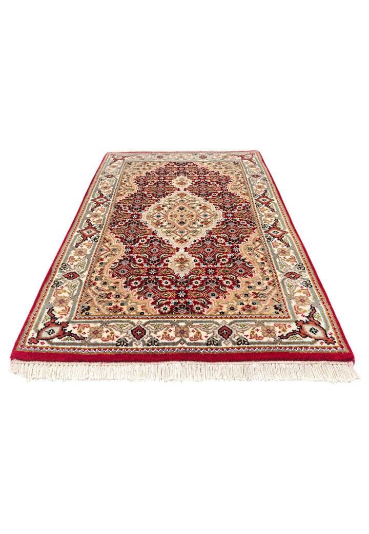 Brick Red and Sandstone Mahi Medallion Tabriz, Hand-Knotted Wool Rug