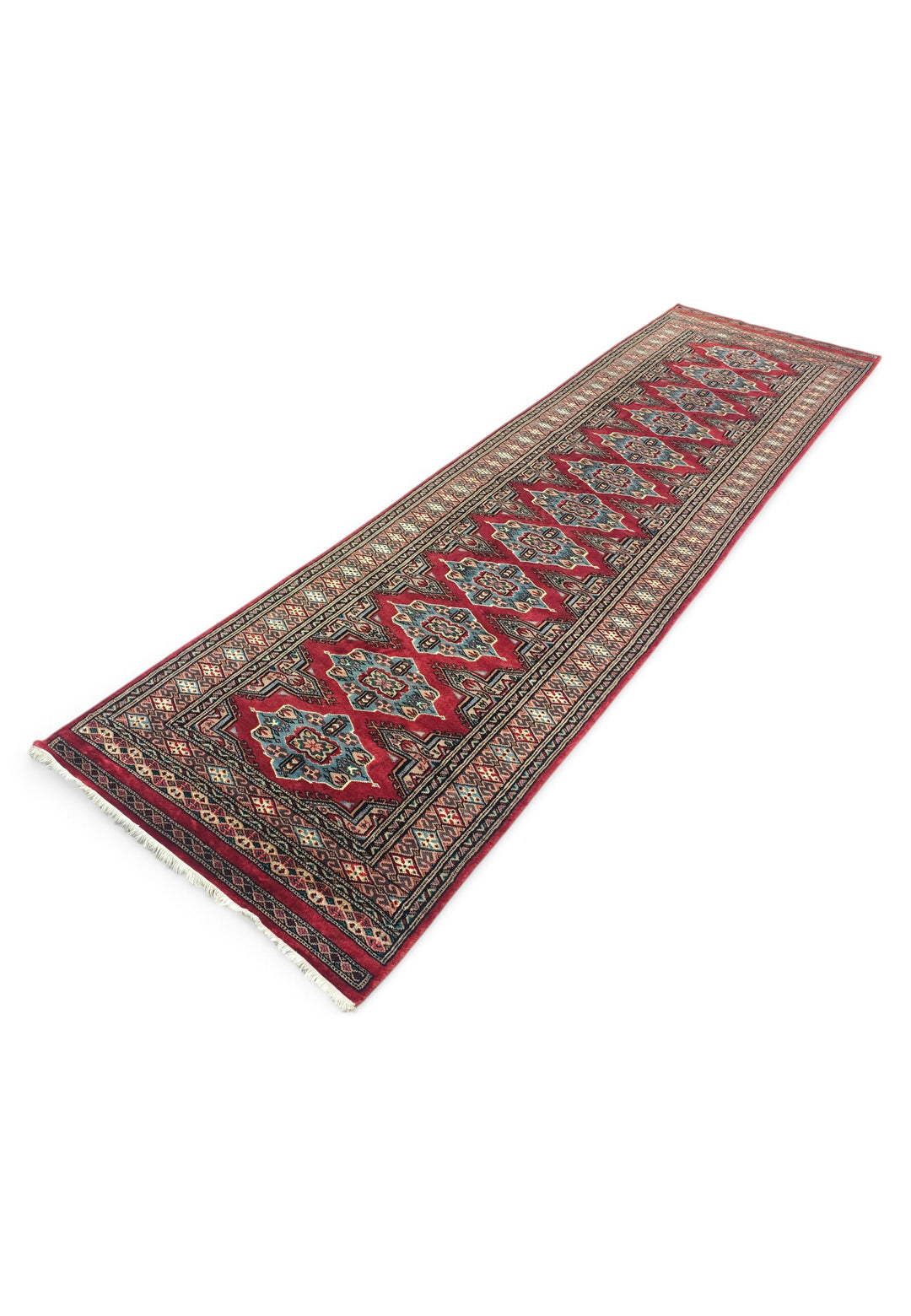 Crimson and Sea Green Jaldar Lozenge, Hand-Knotted Wool Rug