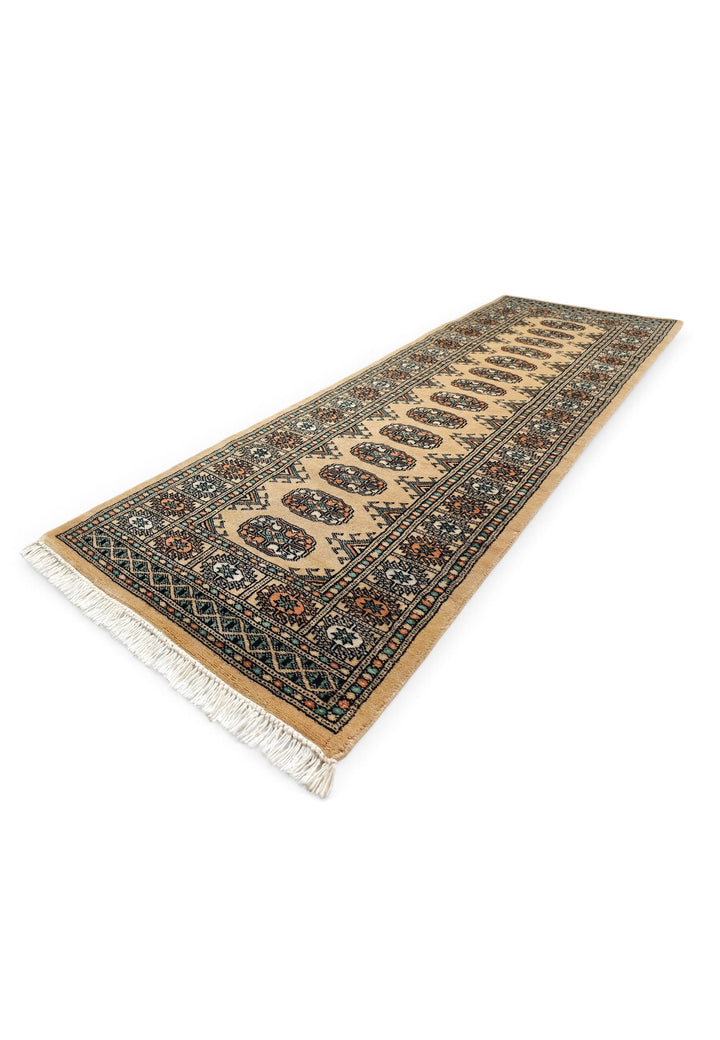 Camel and Sea Green Turkmen Gül Bokhara, Hand-Knotted Wool Rug
