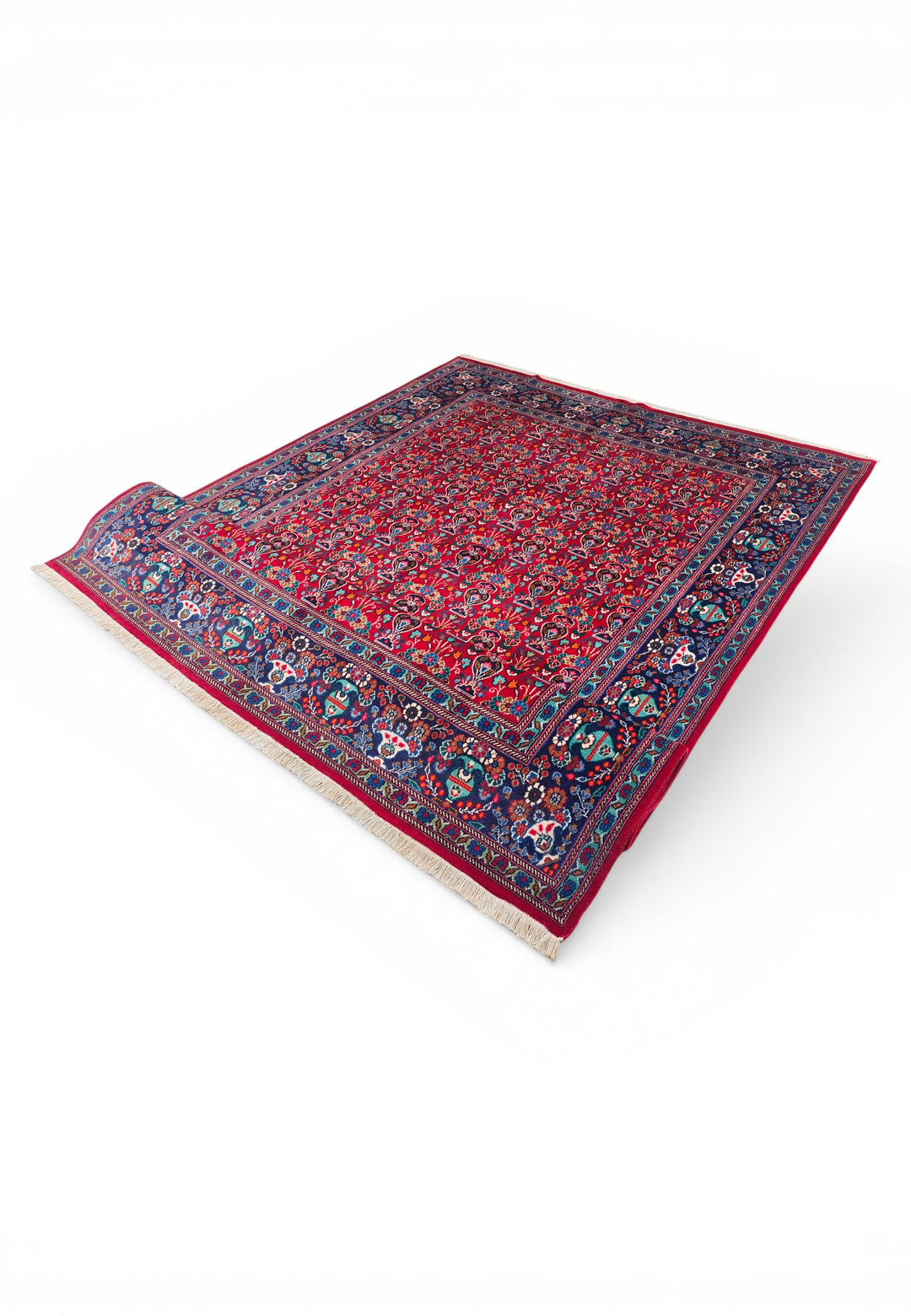 Cherry-Red Boteh Persian Moud, Hand-Knotted Wool Rug