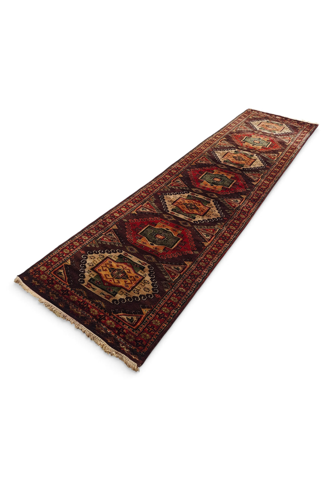 Espresso and Madder Red Scrolled Medallion, Hand-Knotted Wool Rug