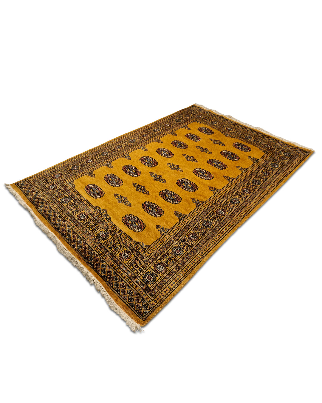Amber Gold Turkmen Gül Bokhara Rug, Hand-Knotted Pakistani Wool