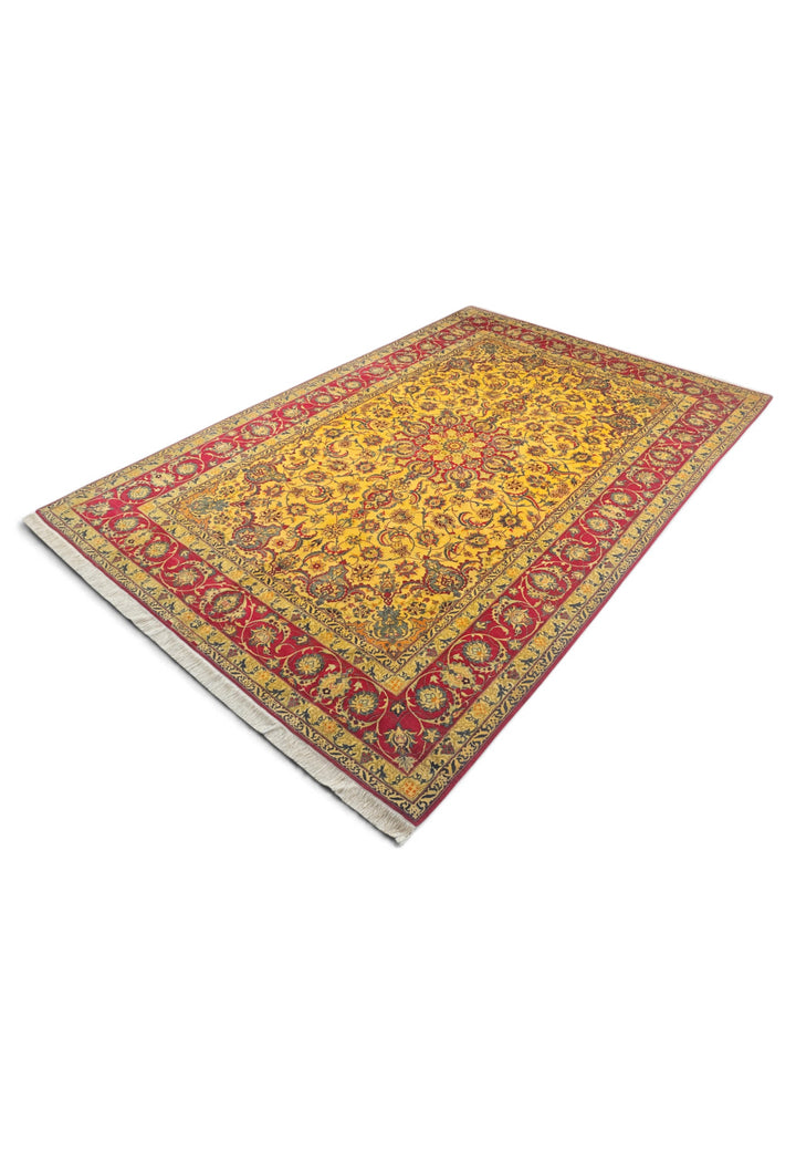Gold and Crimson Star Medallion Isfahan, Hand-Knotted Wool Rug
