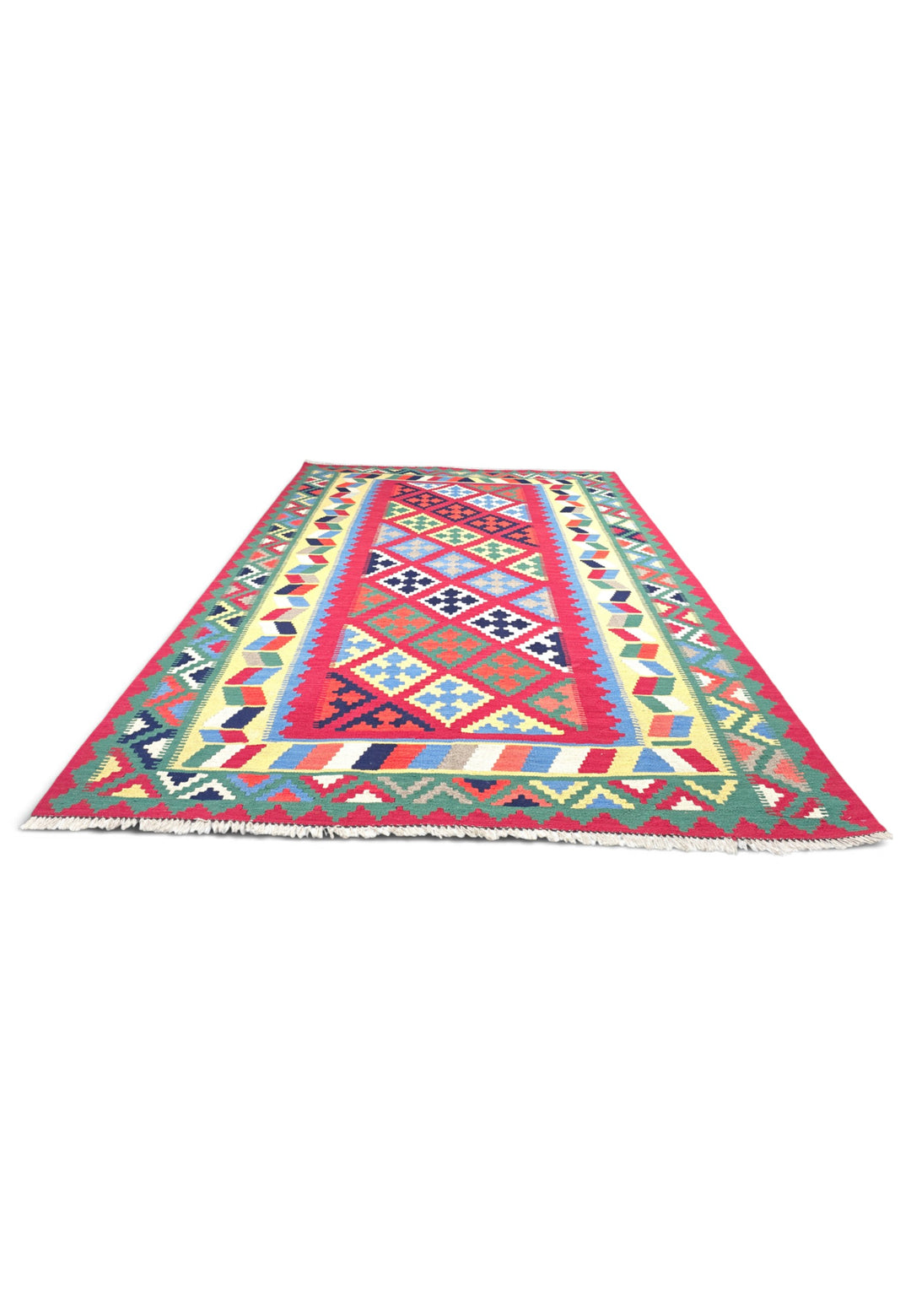Cerise and Green Qashqai Medallion Kilim, Hand-Woven Wool