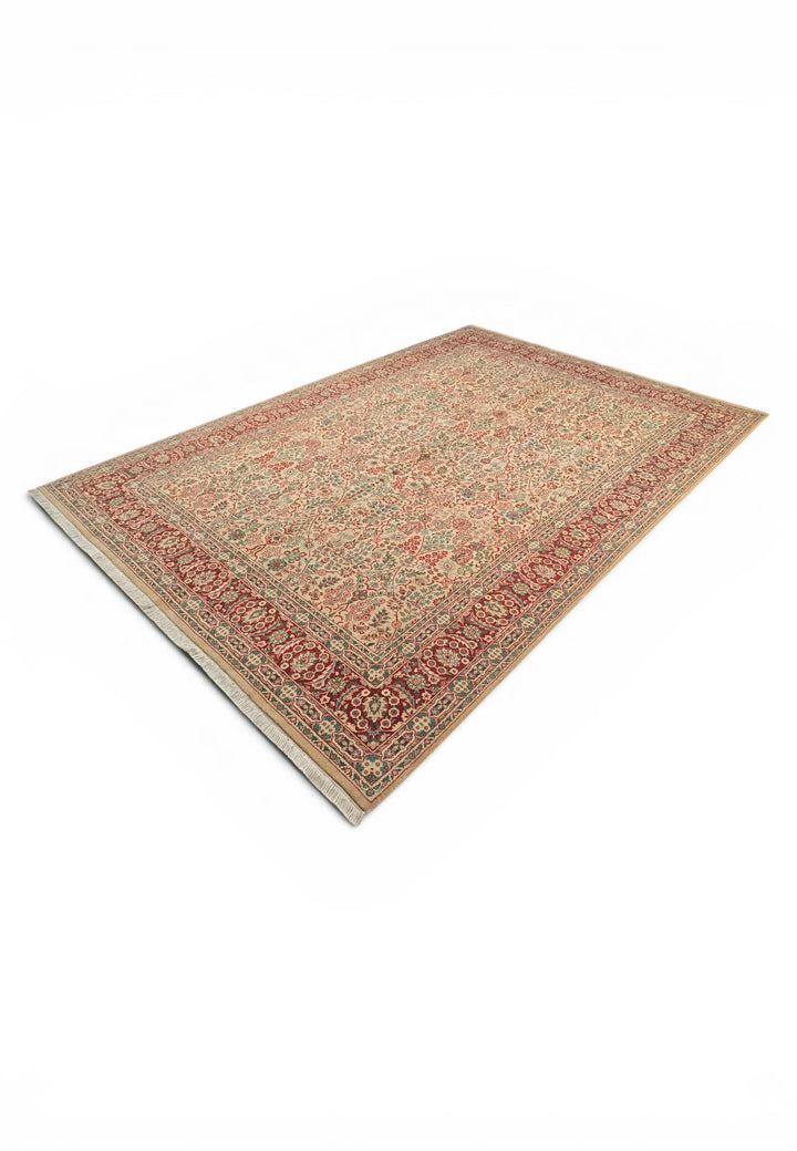 Cream and Red Floral, Hand-Knotted Pakistani Wool Rug