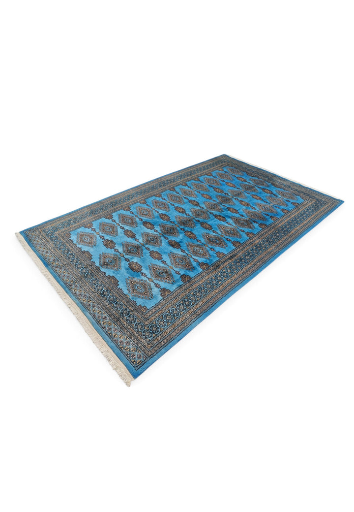 Azure Blue and Cream Jaldar Diamond Gül, Hand-Knotted Wool Rug