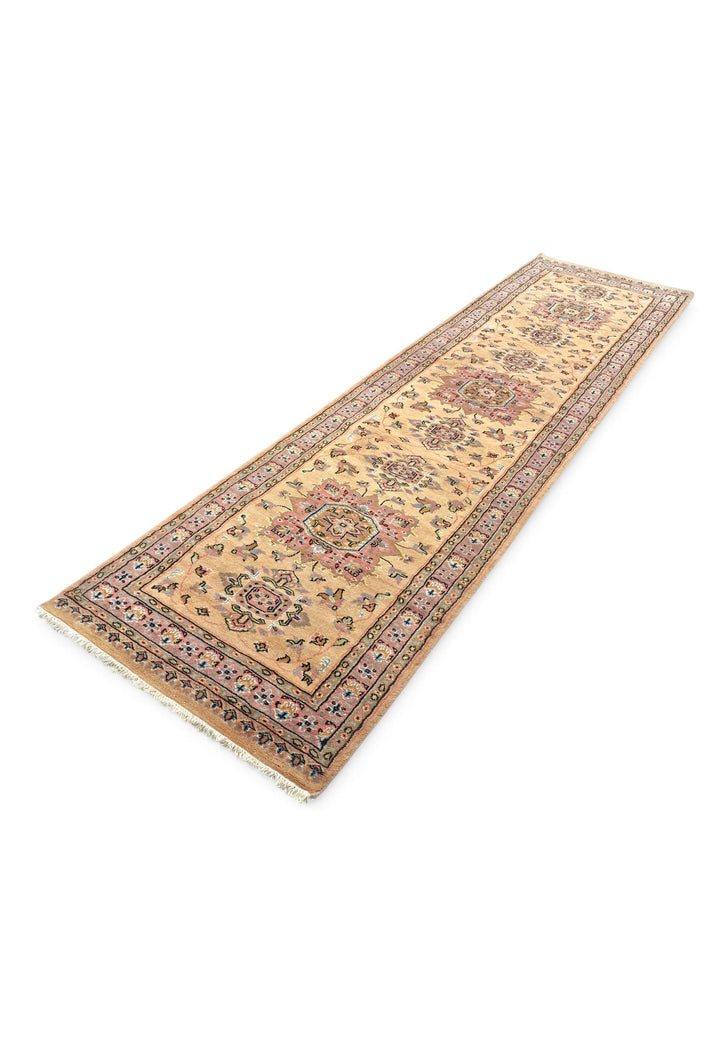 Golden and Rose Jaldar Medallion, Hand-Knotted Wool and Silk Rug