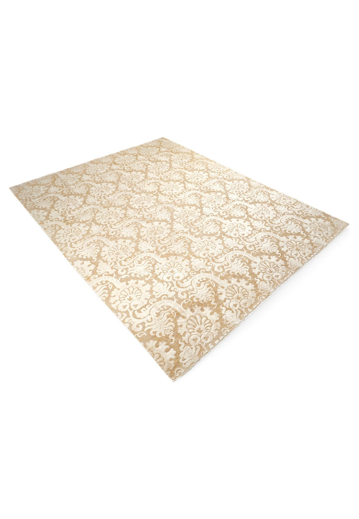 Ivory and Camel Damask Ghazni, Hand-Knotted Wool and Silk Rug
