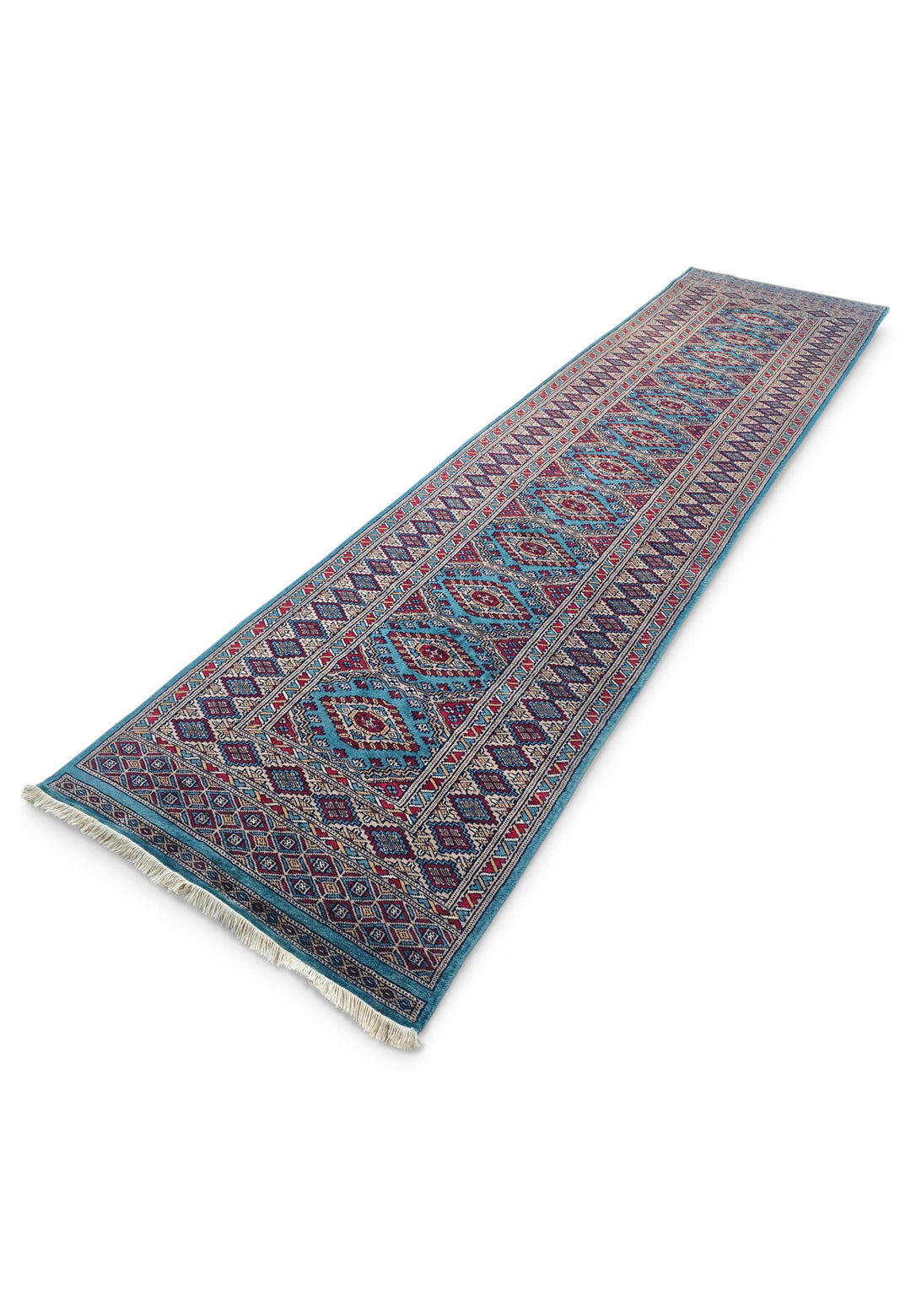 Turquoise and Wine Red Chained Diamond Medallion, Hand-Knotted Wool Rug