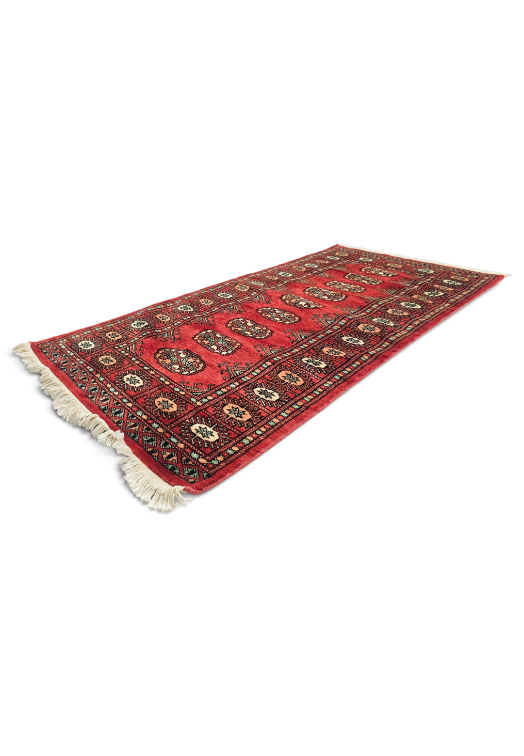 Red and Salmon Turkmen Gül Bokhara, Hand-Knotted Wool Rug