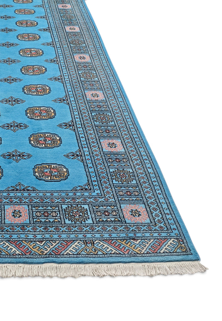 Turquoise and Ivory Turkmen Gül Bokhara, Hand-Knotted Wool Rug