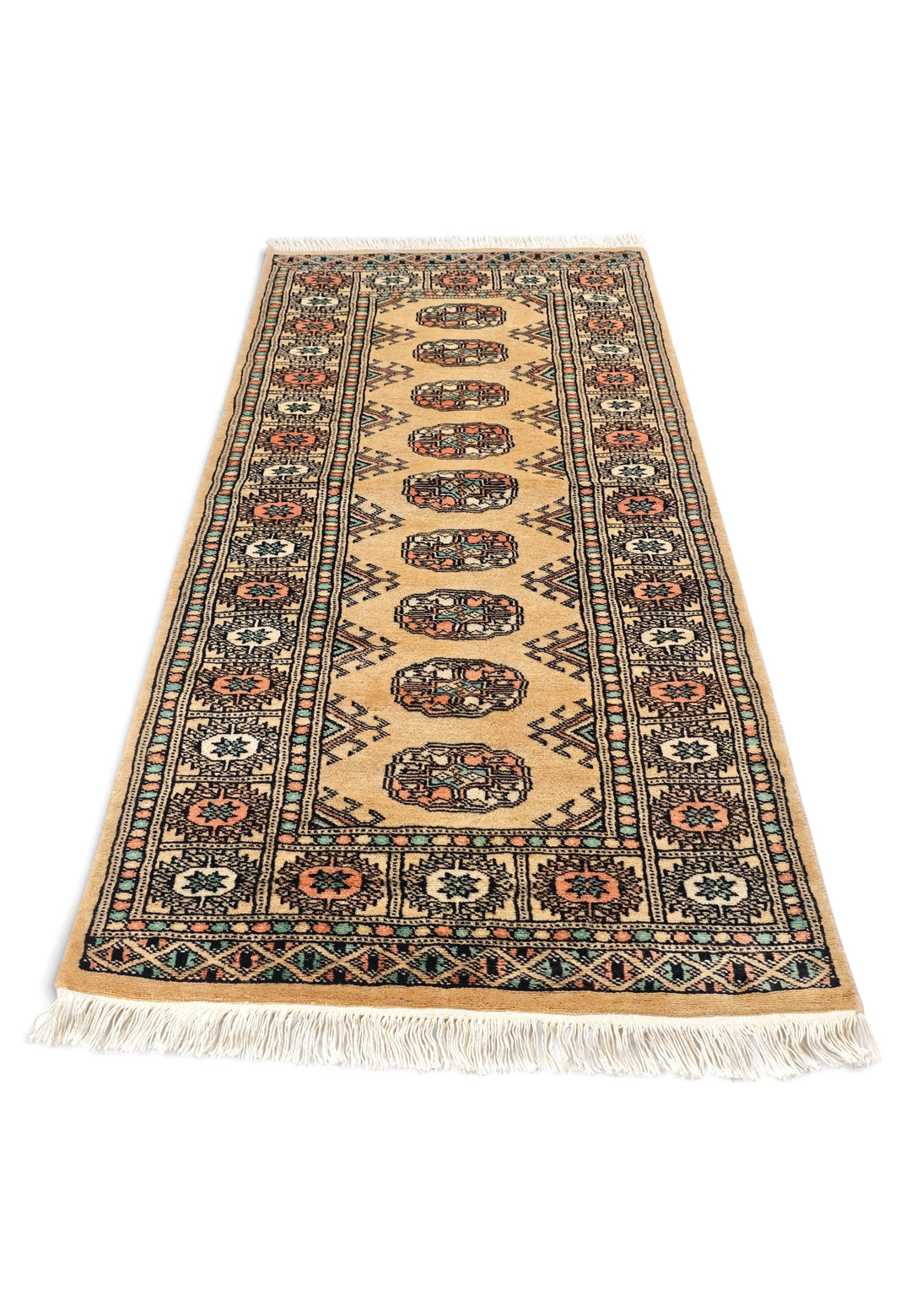 Gold and Peach Turkmen Gül Bokhara, Hand-Knotted Wool Rug