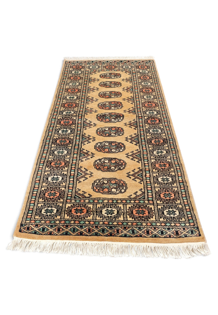 Gold and Peach Turkmen Gül Bokhara, Hand-Knotted Wool Rug