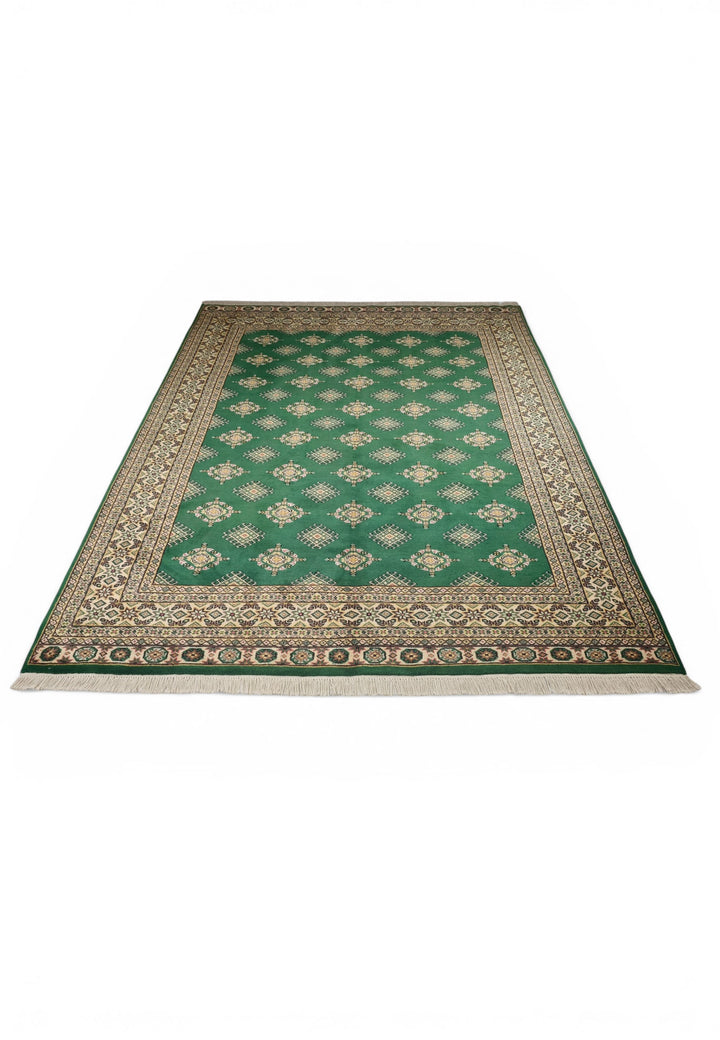 Pine Green &amp; Cream Diamond Jaldar Rug, Hand-Knotted Pakistani Wool