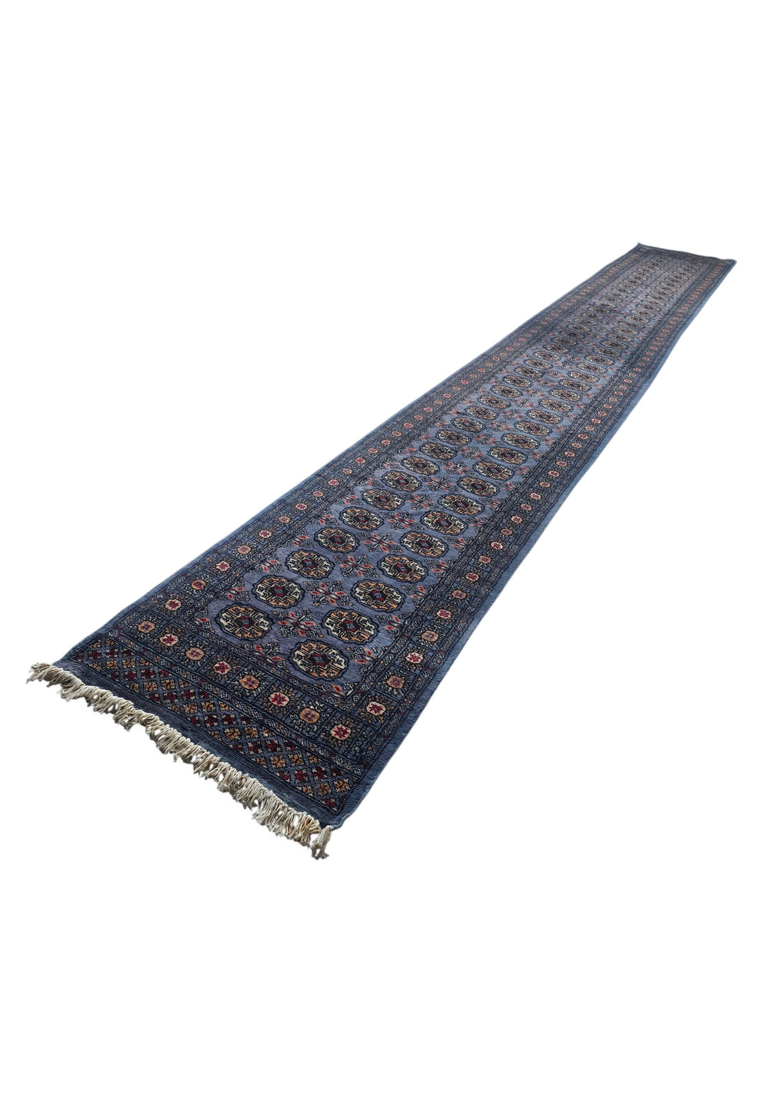 Slate Blue and Camel Turkmen Gül Bokhara, Hand-Knotted Wool Rug