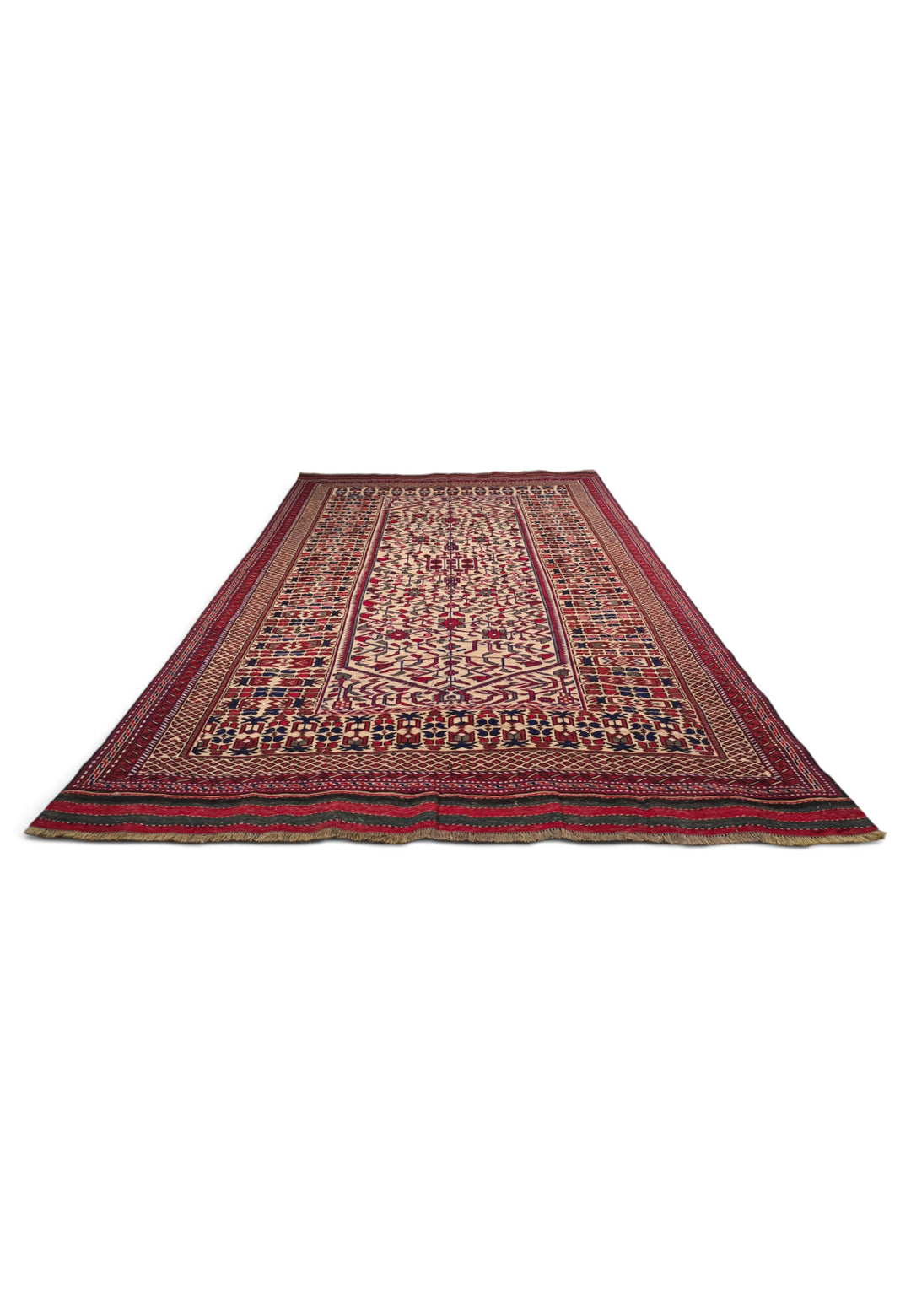 Cream and Red Hooked Medallion Kilim, Hand-Woven Wool