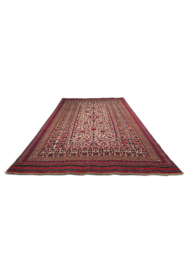 Cream and Red Hooked Medallion Kilim, Hand-Woven Wool